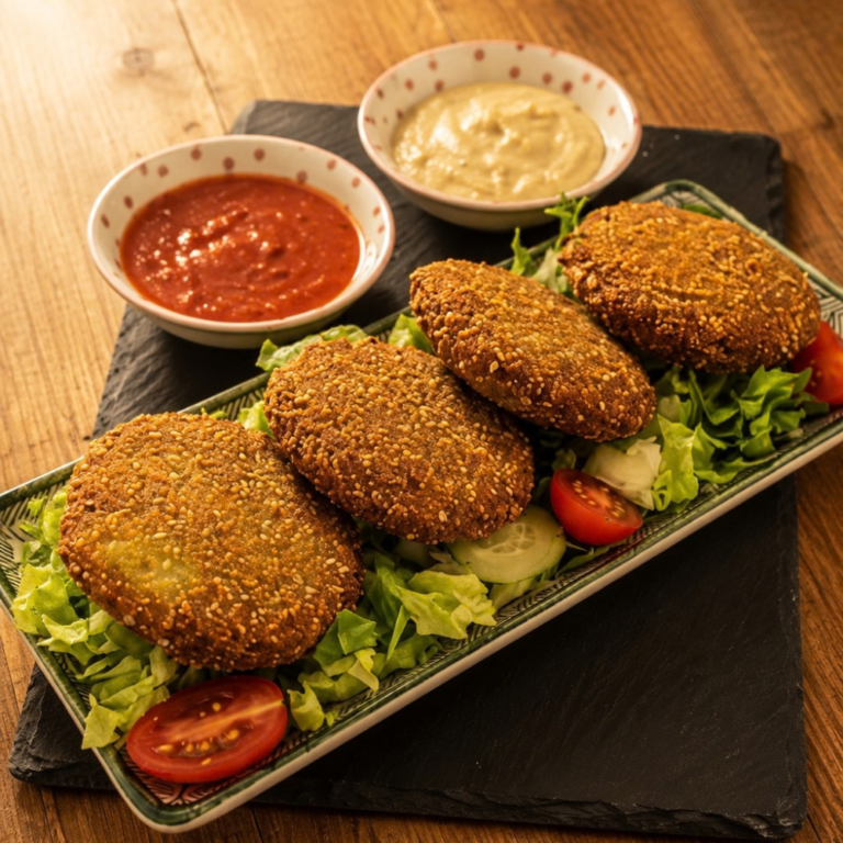Falafel vegano con ensalada y salsas del menú para dos de Caleya Indi